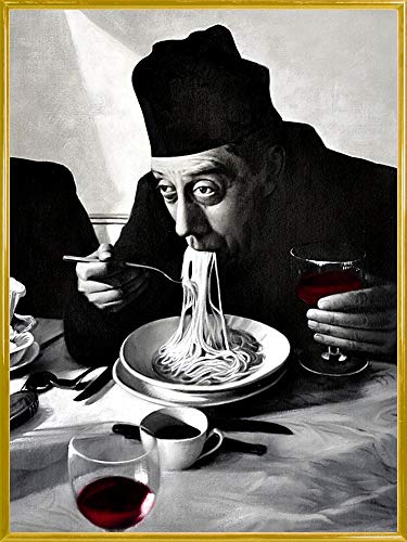 1art1 Kochkunst Poster Kunstdruck Bild und Kunststoff-Rahmen - Spaghetti, Rotwein, Don Camillo (80 x 60cm) von 1art1