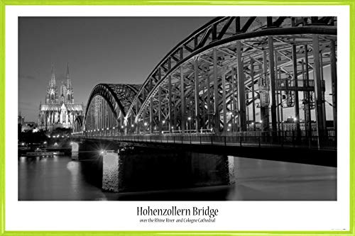 1art1 Köln Poster Plakat | Bild und Kunststoff-Rahmen - Hohenzollernbrücke Und Kölner Dom Bei Nacht S/W (91 x 61cm) von 1art1