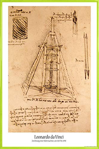 1art1 Leonardo Da Vinci Poster Plakat | Bild und Kunststoff-Rahmen - Zeichnung Einer Bohrmaschine, 1487-1490 (91 x 61cm) von 1art1