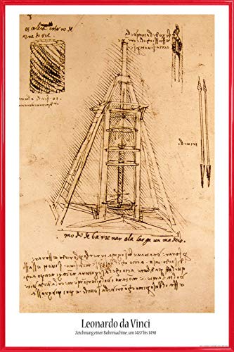 1art1 Leonardo Da Vinci Poster Plakat | Bild und Kunststoff-Rahmen - Zeichnung Einer Bohrmaschine, 1487-1490 (91 x 61cm) von 1art1
