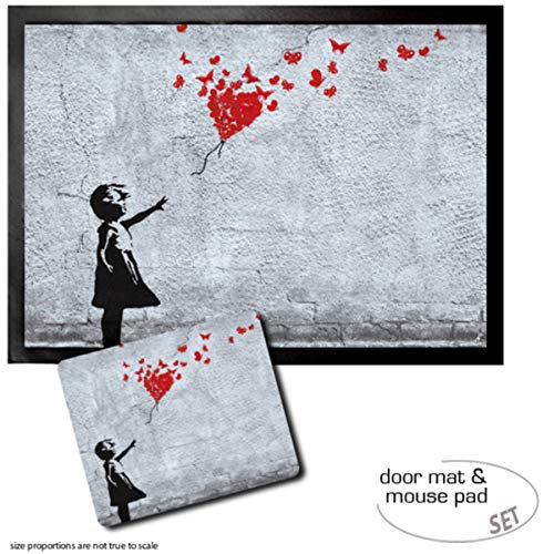 1art1 Mädchen, Mädchen Mit Luftballon Und Schmetterlingen, Banksy-Style Fußmatte Dekomatte Innenbereich | Design Türmatte (70x50 cm) + Mauspad (23x19 cm) Geschenkset von 1art1