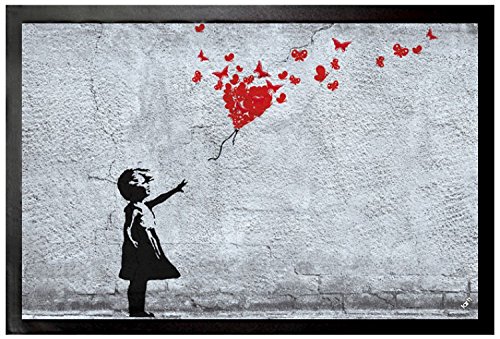 1art1 Mädchen Mädchen Mit Luftballon Und Schmetterlingen, Banksy-Style Fußmatte Dekomatte Innenbereich | Design Türmatte 60x40 cm von 1art1