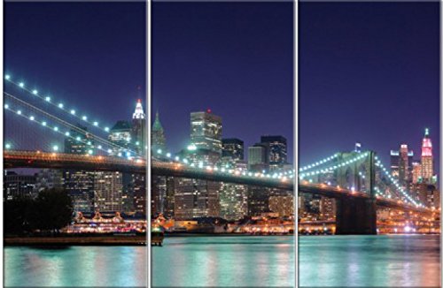 1art1 New York Poster Panorama Der Brooklyn Bridge Bei Nacht, 3-Teilig Bilder Leinwand-Bild Auf Keilrahmen | XXL-Wandbild Poster Kunstdruck Als Leinwandbild 180x120 cm von 1art1