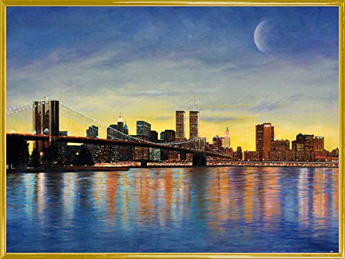 1art1 New York Poster Kunstdruck Bild und Kunststoff-Rahmen - Brooklyn Bridge Bei Morgenröte Mit Skyline (80 x 60cm) von 1art1