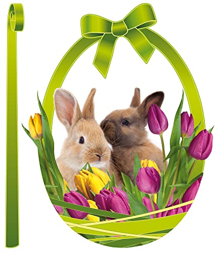 1art1 Ostern Nest Mit Osterhasen Und Tulpen, Grünes Ei Aufkleber Poster-Sticker Für Fenster 34x30 cm von 1art1