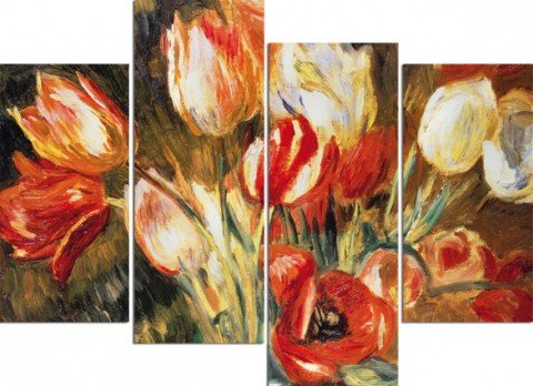 1art1 Pierre Auguste Renoir Poster Tulpen In Einer Vase, 4-Teilig Bilder Leinwand-Bild Auf Keilrahmen | XXL-Wandbild Poster Kunstdruck Als Leinwandbild 120x80 cm von 1art1