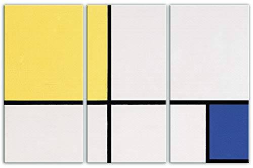 1art1 Piet Mondrian Poster Komposition Mit Gelb Und Blau, 1932, 3-Teilig Bilder Leinwand-Bild Auf Keilrahmen | XXL-Wandbild Poster Kunstdruck Als Leinwandbild 120x80 cm von 1art1