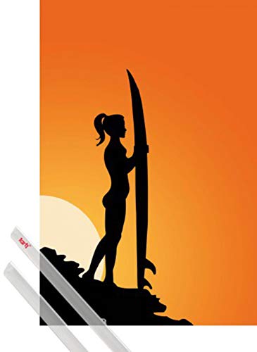 1art1 Schöne Frauen Plakat | Bild (91x61 cm) Surferin Silhouette Bei Sonnenuntergang + EIN Paar Posterleisten, Transparent von 1art1