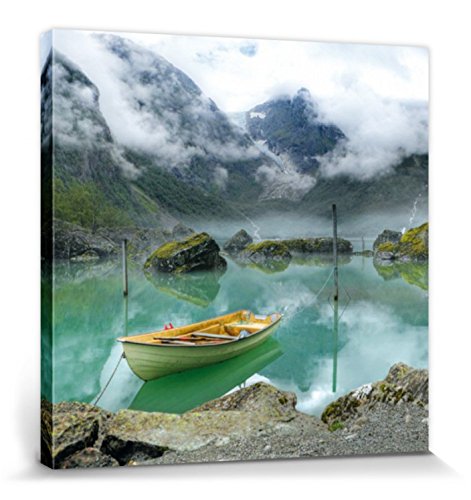 1art1 Seen Poster Bergsee Idylle Mit Boot In Norwegen Bilder Leinwand-Bild Auf Keilrahmen | XXL-Wandbild Poster Kunstdruck Als Leinwandbild 70x70 cm von 1art1