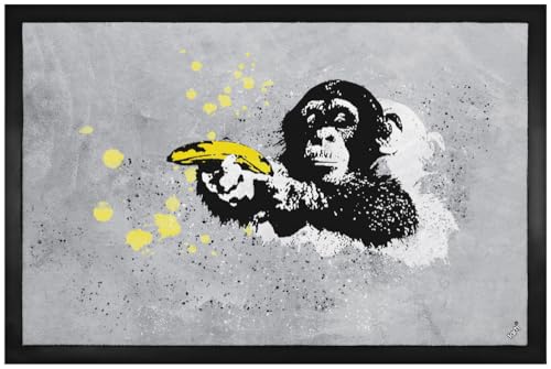 1art1 Streetart Banksy, AFFE mit Bananenpistole Fußmatte Dekomatte Innenbereich | Design Türmatte 60x40 cm von 1art1
