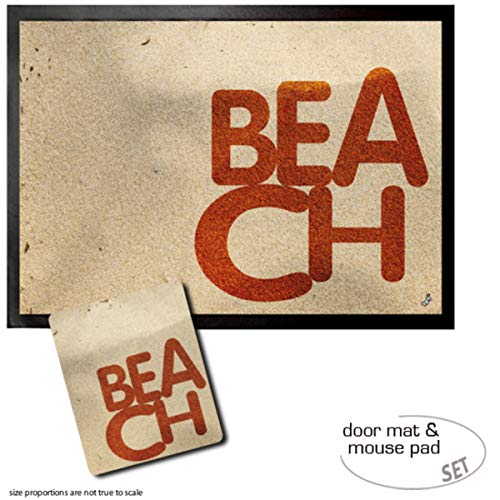 1art1 Typografie, Beach Fußmatte Dekomatte Innenbereich | Design Türmatte (70x50 cm) + Mauspad (23x19 cm) Geschenkset von 1art1