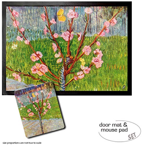 1art1 Vincent Van Gogh, Blühender Pfirsichbaum, 1888 Fußmatte Dekomatte Innenbereich | Design Türmatte (70x50 cm) + Mauspad (23x19 cm) Geschenkset von 1art1