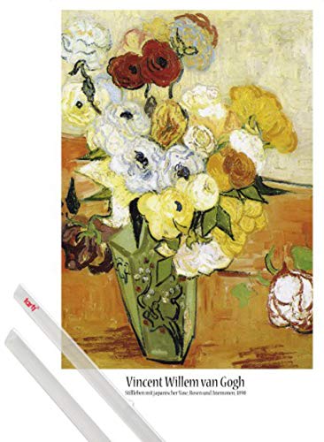 1art1 Vincent Van Gogh Plakat | Bild (91x61 cm) Stillleben Mit Japanischer Vase, Rosen Und Anemonen, 1890 + EIN Paar Posterleisten, Transparent von 1art1