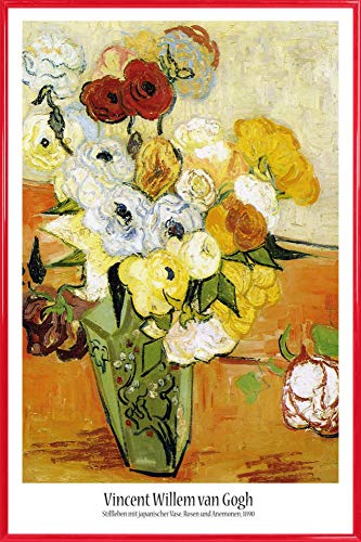 1art1 Vincent Van Gogh Poster Plakat | Bild und Kunststoff-Rahmen - Stillleben Mit Japanischer Vase, Rosen Und Anemonen, 1890 (91 x 61cm) von 1art1