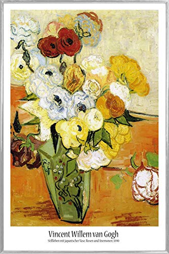 1art1 Vincent Van Gogh Poster Plakat | Bild und Kunststoff-Rahmen - Stillleben Mit Japanischer Vase, Rosen Und Anemonen, 1890 (91 x 61cm) von 1art1