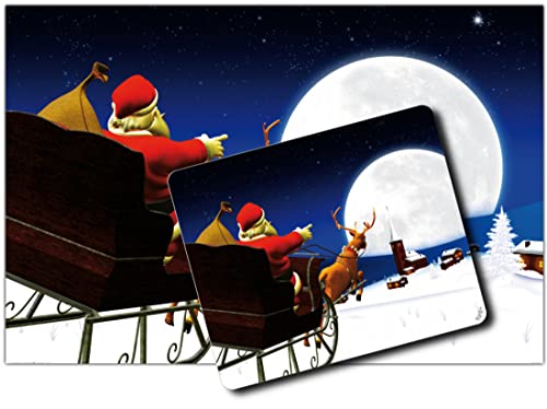 1art1 Weihnachten, Der Weihnachtsmann Kommt Mit Seinem Rentier-Schlitten 1 Kunstdruck Bild (120x80 cm) + 1 Mauspad (23x19 cm) Geschenkset von 1art1
