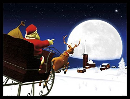 1art1 Weihnachten Poster Kunstdruck Bild und MDF-Rahmen Schwarz - Der Weihnachtsmann Kommt Mit Seinem Rentier-Schlitten (80 x 60cm) von 1art1