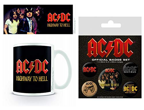 AC/DC, Highway to Hell Foto-Tasse Kaffeetasse (9x8 cm) + 1 AC/DC Button Pack (15x10 cm) von 1art1