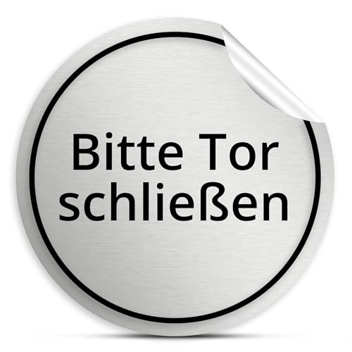 Bitte Tor schließen Aufkleber rund, 10cm in silber, selbstklebender Sticker für das Tor, wetterfest von 1peak
