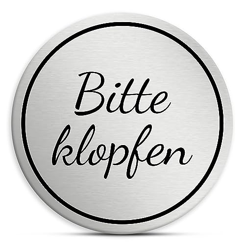 Bitte klopfen Schild rund, 7cm in silber, selbstklebendes Türschild aus Acryl, wetterfest und UV-beständiges Hinweisschild von 1peak