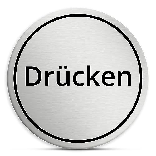 Drücken Schild rund, 7cm in silber, selbstklebendes Schild aus Acryl für draußen, wetterfest und UV-beständiges Hinweisschild von 1peak