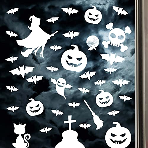 Halloween Fensterbilder, 37 tlg. Fenster Deko Set, gruselige Fensteraufkleber mit Geist, Hexe, Kürbis uvm., wiederverwendbar von 1peak