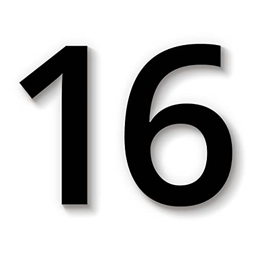 Hausnummer 16 in schwarz aus Acryl, wetterfest, 10cm hoch, selbstklebend, weitere Befestigungsmöglichkeiten & Höhen verfügbar von 1peak