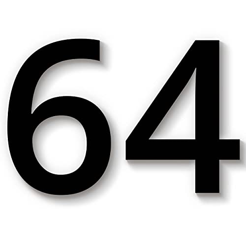 Hausnummer 64 in schwarz aus Acryl, wetterfest, 15cm hoch, selbstklebend, weitere Befestigungsmöglichkeiten & Höhen verfügbar von 1peak