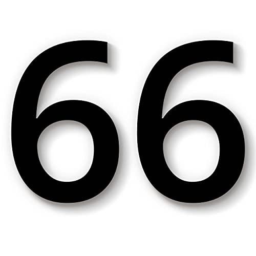 Hausnummer 66 in schwarz aus Acryl, wetterfest, 15cm hoch, selbstklebend, weitere Befestigungsmöglichkeiten & Höhen verfügbar von 1peak