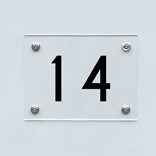 Hausnummernschild mit Hausnummer 14, Acryl Haus Schild mit Ziffer 14, transparent, Schrift schwarz inkl. Zubehör von 1peak