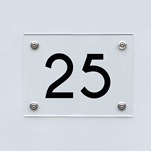 Hausnummernschild mit Hausnummer 25, Acryl Haus Schild mit Ziffer 25, transparent, Schrift schwarz inkl. Zubehör von 1peak