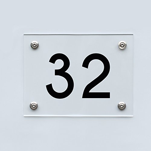 Hausnummernschild mit Hausnummer 32, Acryl Haus Schild mit Ziffer 32, transparent, Schrift schwarz inkl. Zubehör von 1peak