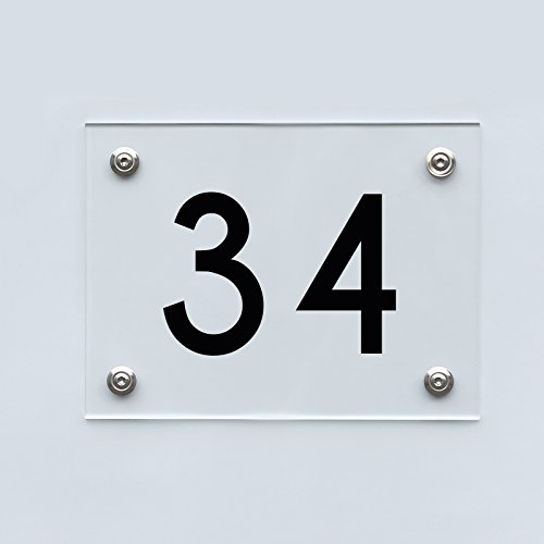 Hausnummernschild mit Hausnummer 34, Acryl Haus Schild mit Ziffer 34, transparent, Schrift schwarz inkl. Zubehör von 1peak