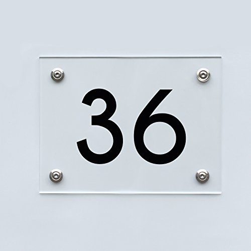 Hausnummernschild mit Hausnummer 36, Acryl Haus Schild mit Ziffer 36, transparent, Schrift schwarz inkl. Zubehör von 1peak