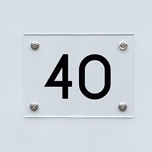 Hausnummernschild mit Hausnummer 40, Acryl Haus Schild mit Ziffer 40, transparent, Schrift schwarz inkl. Zubehör von 1peak