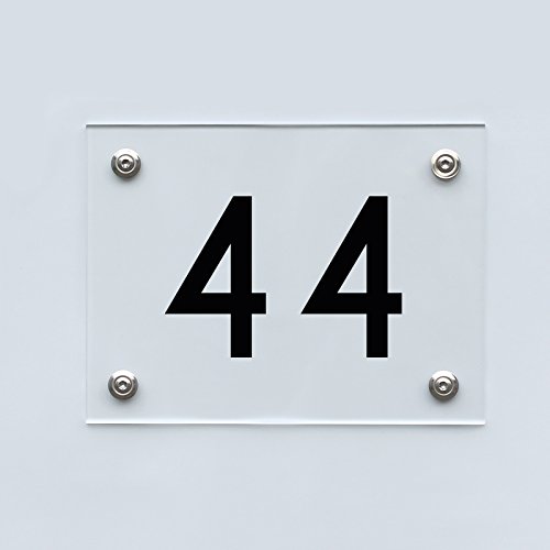 Hausnummernschild mit Hausnummer 44, Acryl Haus Schild mit Ziffer 44, transparent, Schrift schwarz inkl. Zubehör von 1peak