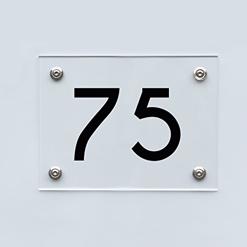 Hausnummernschild mit Hausnummer 75, Acryl Haus Schild mit Ziffer 75, transparent, Schrift schwarz inkl. Zubehör von 1peak