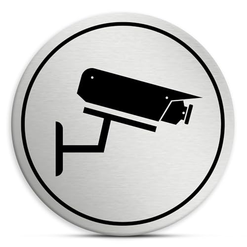 Videoüberwachung Piktrogramm Schild rund, 7cm in silber, selbstklebend, wetterfestes Hinweisschild von 1peak