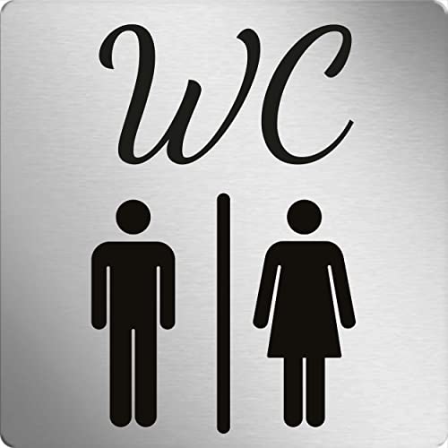 WC Schild Damen & Herren Piktrogramm selbstklebend quadratisch 10x10cm, Größe wählbar, silbernes Schild mit schwarzer Schrift, Toilettenschild zum kleben, WC Beschriftung von 1peak