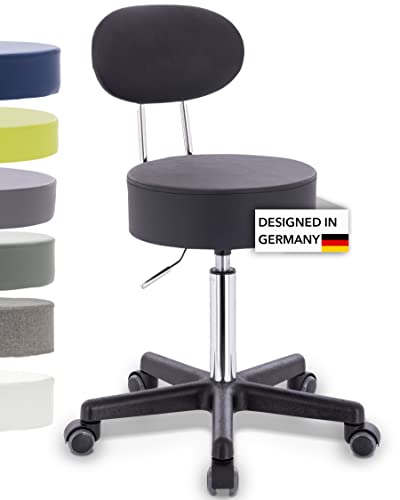 1stuff Rollhocker Squash 35 BACKLIKE mit Rücken-Lehne - ca. 51-71 cm Sitzhöhe - kompakter Bürohocker - Praxis-Hocker - bodenschonende PU-Rollen - Drehhocker - Therapiehocker - Sitzhocker Schwarz von 1stuff