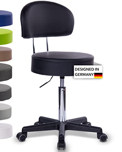 1stuff Rollhocker Squash 40 mit Rückenlehne BIGBACK - ca. 51-71 cm Sitzhöhe - Drehhocker - Praxis-Hocker mit 40 cm breitem Sitz - Küchen-Hocker mit Rollen - Bürohocker Schwarz von 1stuff
