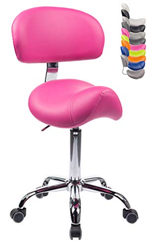 1stuff® Sattelhocker MULY BIGBACK Sattelstuhl mit Lehne - Sitzhöhe bis ca. 74cm - ergonomischer Rollhocker Arzthocker Arbeitshocker Praxishocker Drehhocker (Lederimitat pink) von 1stuff