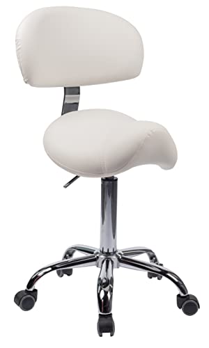 1stuff® Sattelhocker MULY BIGBACK Sattelstuhl mit Lehne - Sitzhöhe bis ca. 74cm - ergonomischer Rollhocker Arzthocker Arbeitshocker Praxishocker Drehhocker (Lederimitat weiß) von 1stuff