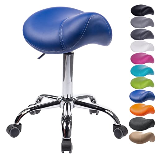 1stuff® Sattelhocker Sattelstuhl MULY - Sitzhöhe bis ca. 74cm - ergonomischer Rollhocker Bürohocker Arzthocker Arbeitshocker Praxishocker Drehhocker (Lederimitat Royalblau) von 1stuff