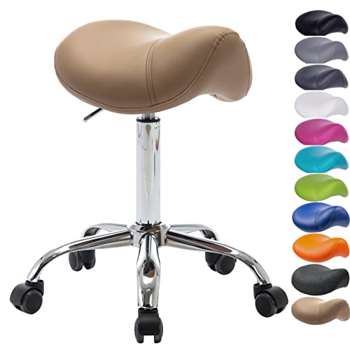 1stuff® Sattelhocker Sattelstuhl MULY - Sitzhöhe bis ca. 74cm - ergonomischer Rollhocker Bürohocker Arzthocker Arbeitshocker Praxishocker Drehhocker (Lederimitat braun) von 1stuff