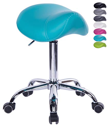1stuff® Sattelhocker Sattelstuhl MULY - Sitzhöhe bis ca. 74cm - ergonomischer Rollhocker Bürohocker Arzthocker Arbeitshocker Praxishocker Drehhocker (Lederimitat hellblau) von 1stuff