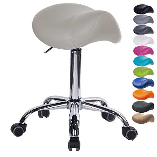 1stuff® Sattelhocker Sattelstuhl MULY - Sitzhöhe bis ca. 74cm - ergonomischer Rollhocker Bürohocker Arzthocker Arbeitshocker Praxishocker Drehhocker (Lederimitat hellgrau) von 1stuff