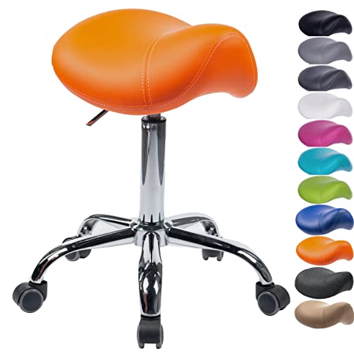 1stuff® Sattelhocker Sattelstuhl MULY - Sitzhöhe bis ca. 74cm - ergonomischer Rollhocker Bürohocker Arzthocker Arbeitshocker Praxishocker Drehhocker (Lederimitat orange) von 1stuff