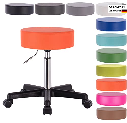 1stuff Profi Rollhocker Squash 35 - ca. 51-71 cm Sitzhöhe - Bürohocker höhenverstellbar mit hoher Belastung - robuster Praxishocker - klassischer Arzthocker mit Rollen - 360° Dreh-Hocker (Orange) von 1stuff