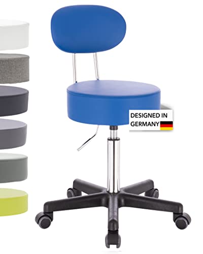 1stuff Rollhocker Squash 35 BACKLIKE mit Rücken-Lehne - ca. 51-71 cm Sitzhöhe - kompakter Bürohocker - Praxis-Hocker - bodenschonende PU-Rollen - Drehhocker - Therapiehocker - Sitzhocker Blau von 1stuff